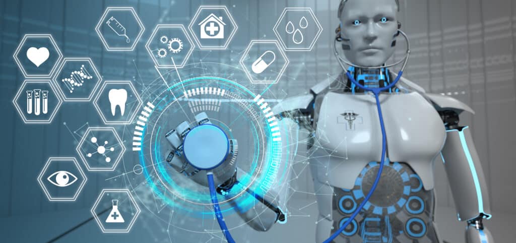 humanoid,robot,with,a,stethoscope,,hud,and,medicine,icons.,3d