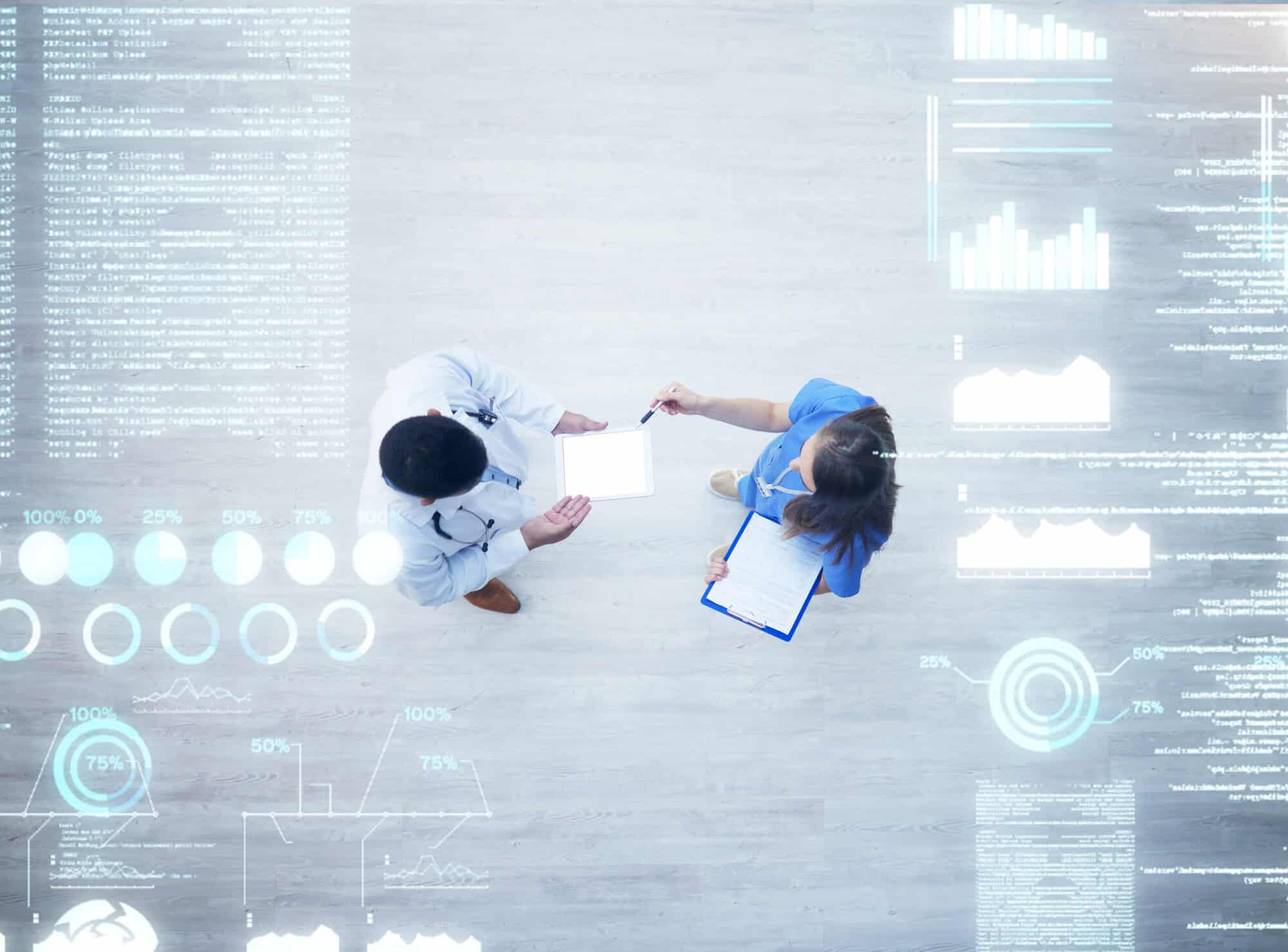 planning, teamwork or overlay of doctors, nurse or medical healthcare digital data schedule in lobby top view. futuristic, medicine or collaboration for on tech for research or analytics in hospital