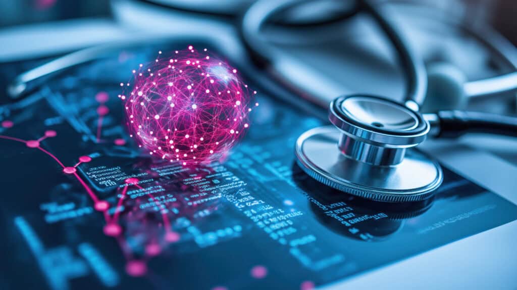 a stethoscope rests on a digital health chart, accompanied by a glowing pink sphere, symbolizing medical technology and innovation.